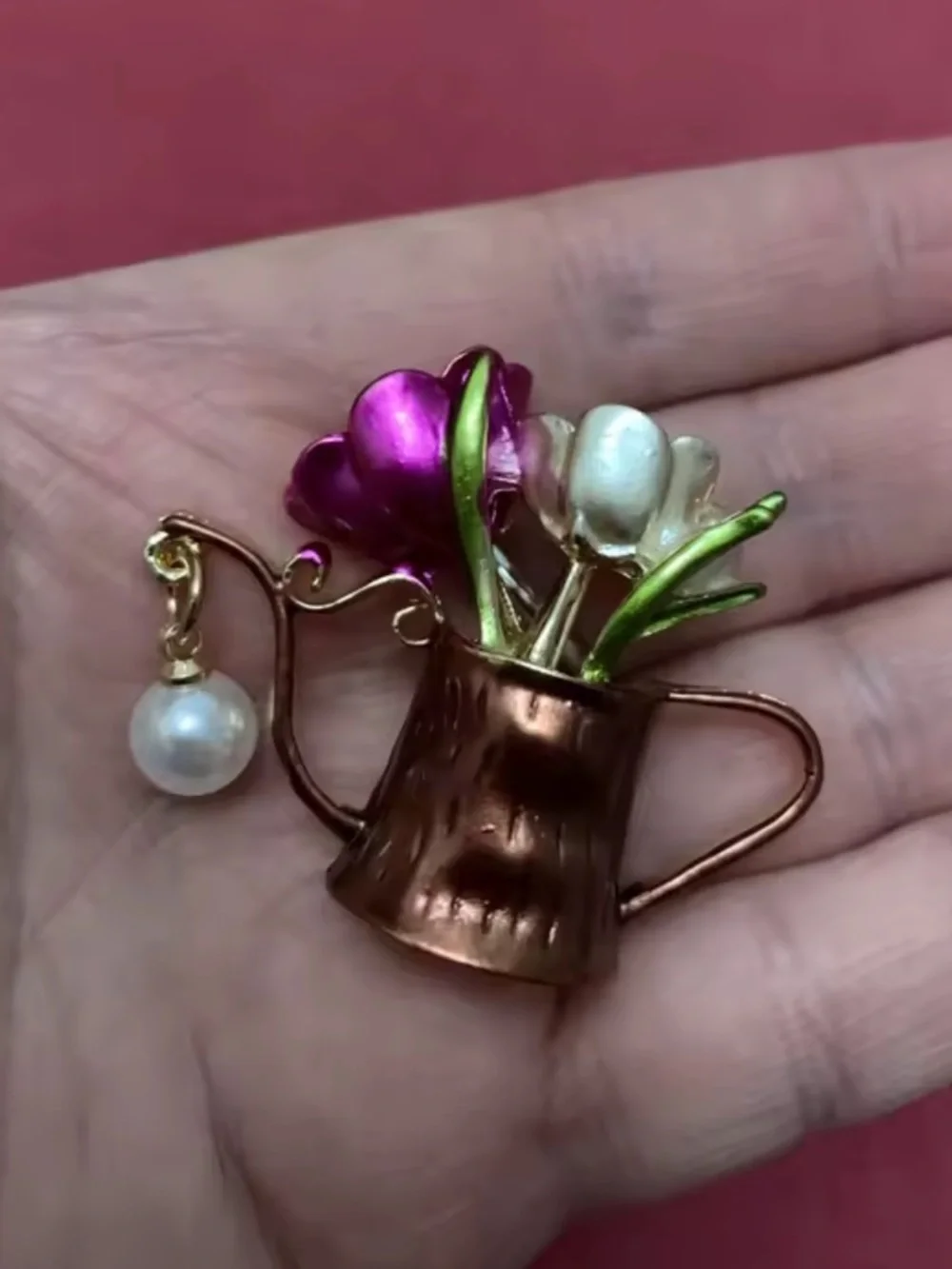 Floral Watering Can Gold Tulip Pearl Cute Chic Brooch